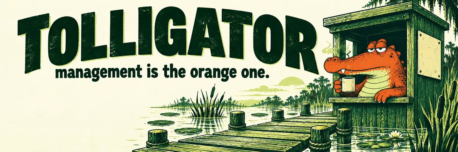 TOLLIGATOR: an orange alligator with a coffee mug leaning out of a small wooden toll booth at the end of a swamp boardwalk. Caption: management is the orange one.