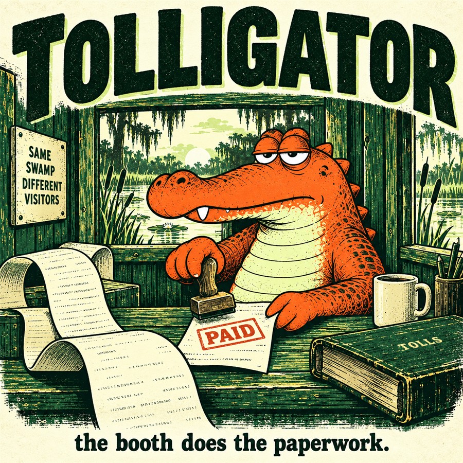The alligator stamping PAID on a receipt at his desk, next to a ledger marked TOLLS.